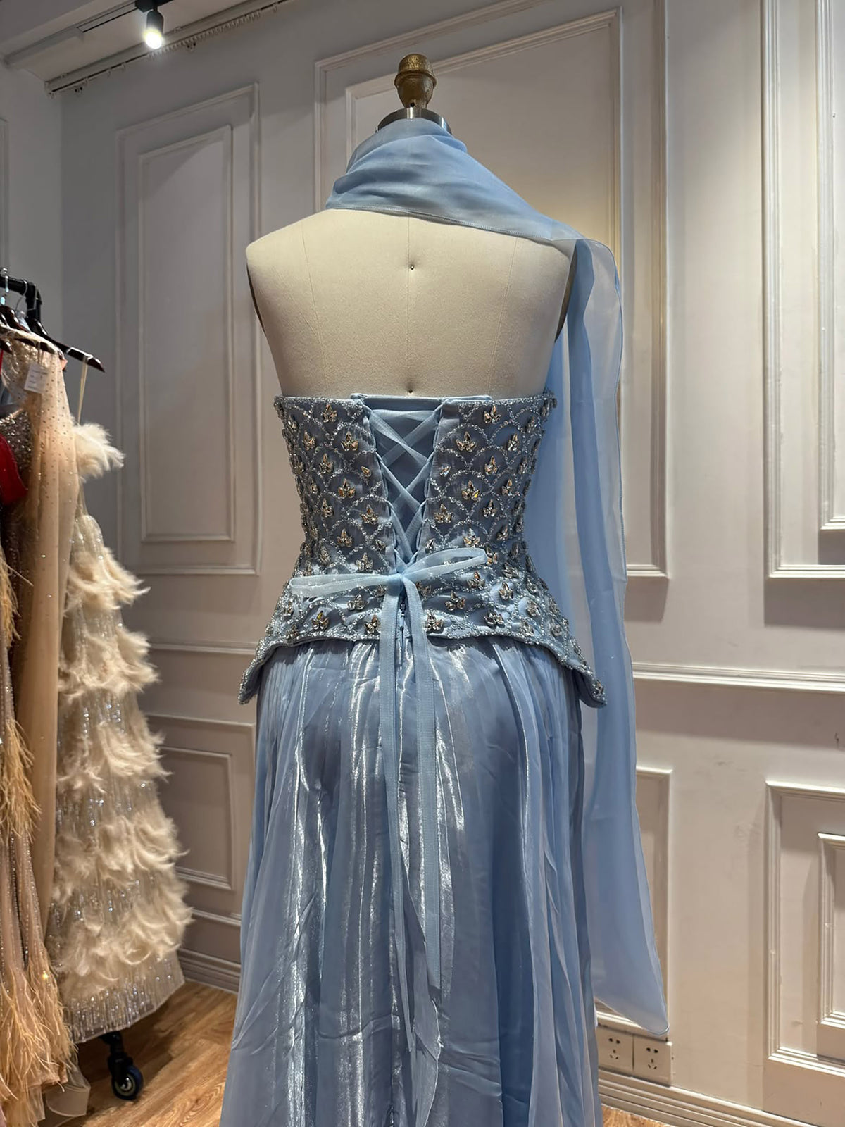 Luxury Blue Crystal Beaded A Line Dress with Shawl LA73738