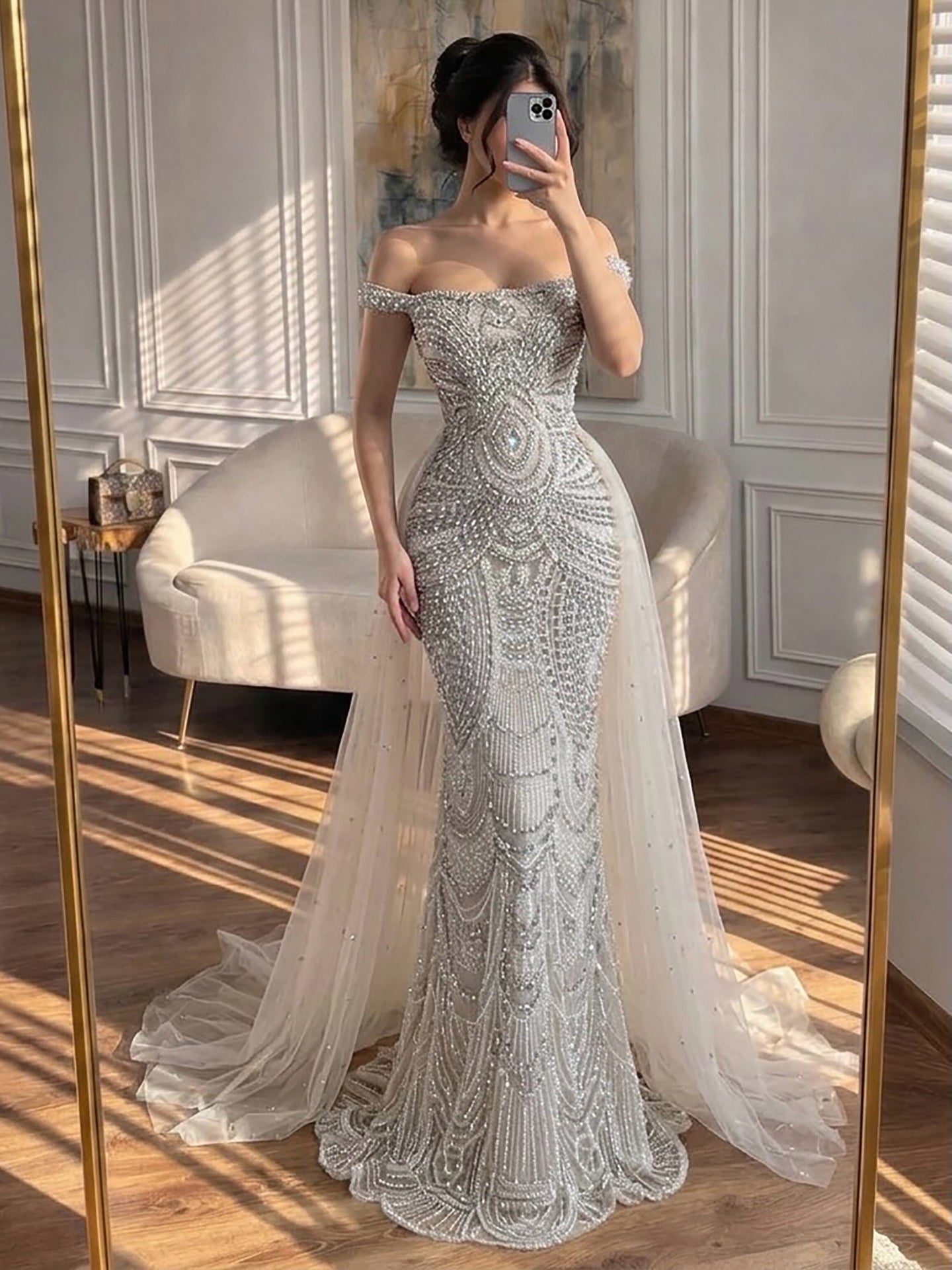 Luxury Silver Nude Crystal Beaded Mermaid Dress LA73740 SERENE HILL