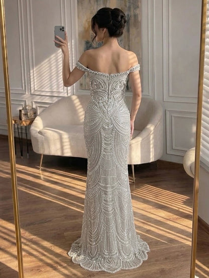 Luxury Silver Nude Crystal Beaded Mermaid Dress LA73740 SERENE HILL
