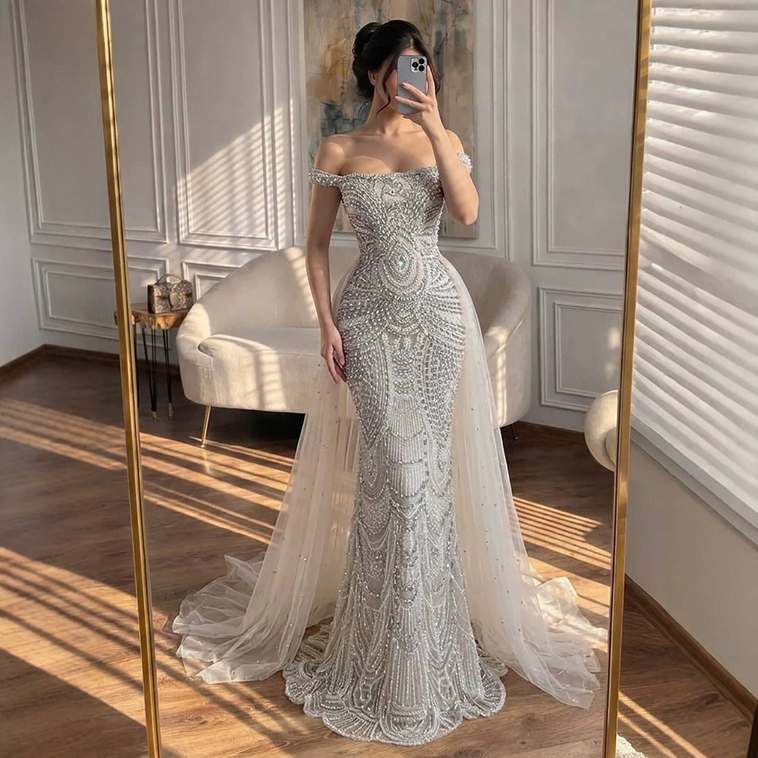 Luxury Silver Nude Crystal Beaded Mermaid Dress LA73740 SERENE HILL
