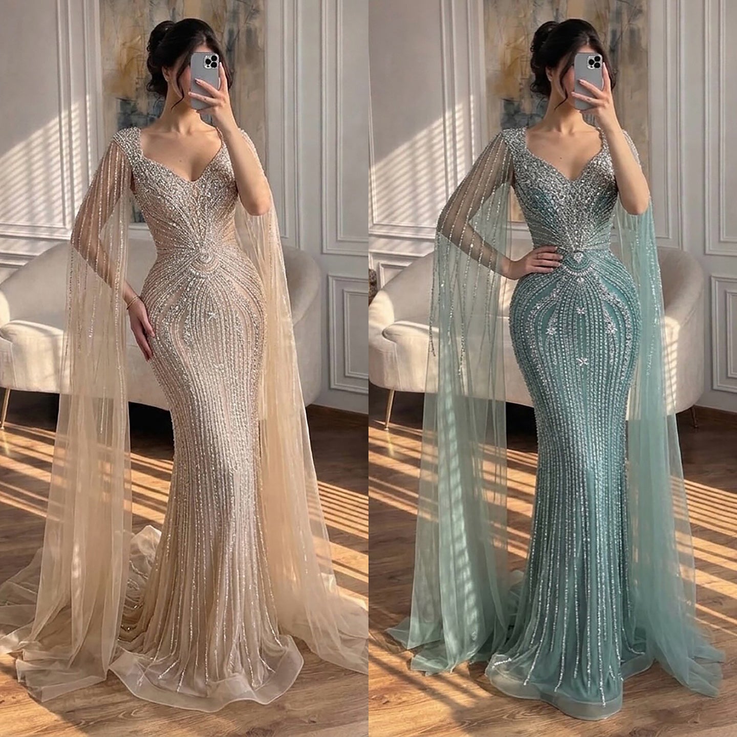 Luxury Nude Beaded Mermaid Evening Dress with Cape LA73741 SERENE HILL
