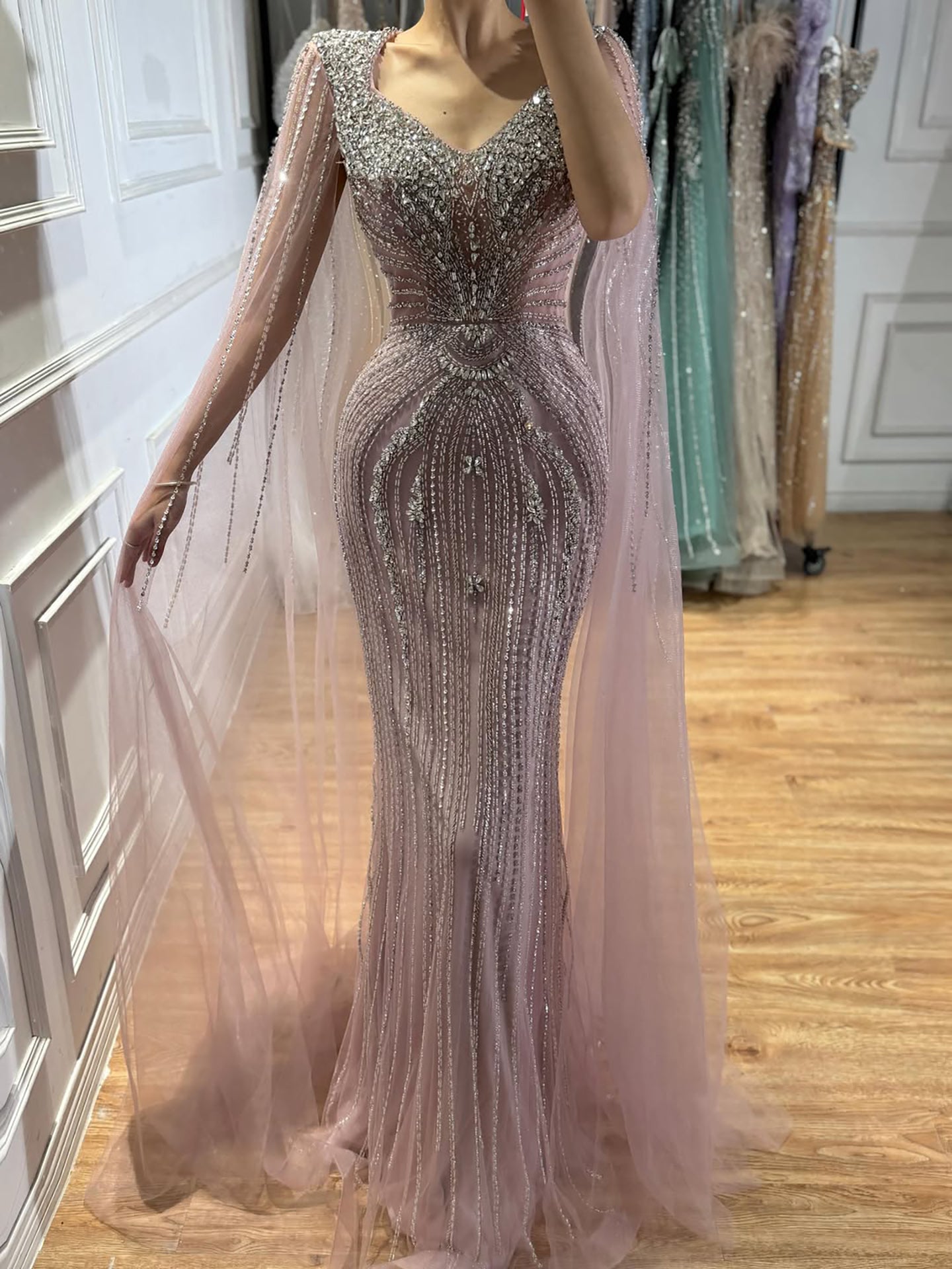 Luxury Nude Beaded Mermaid Evening Dress with Cape LA73741 SERENE HILL