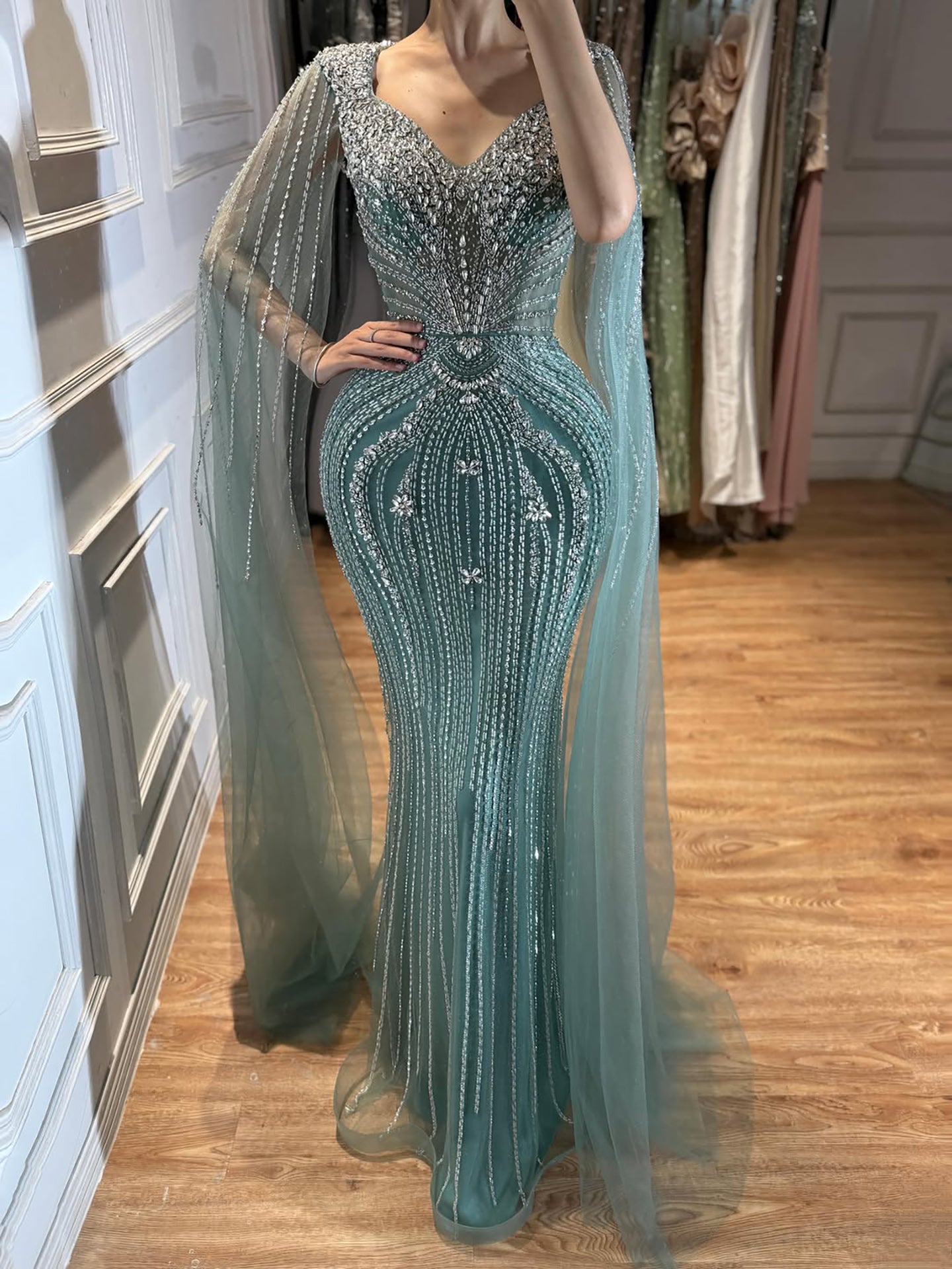 Luxury Nude Beaded Mermaid Evening Dress with Cape LA73741 SERENE HILL