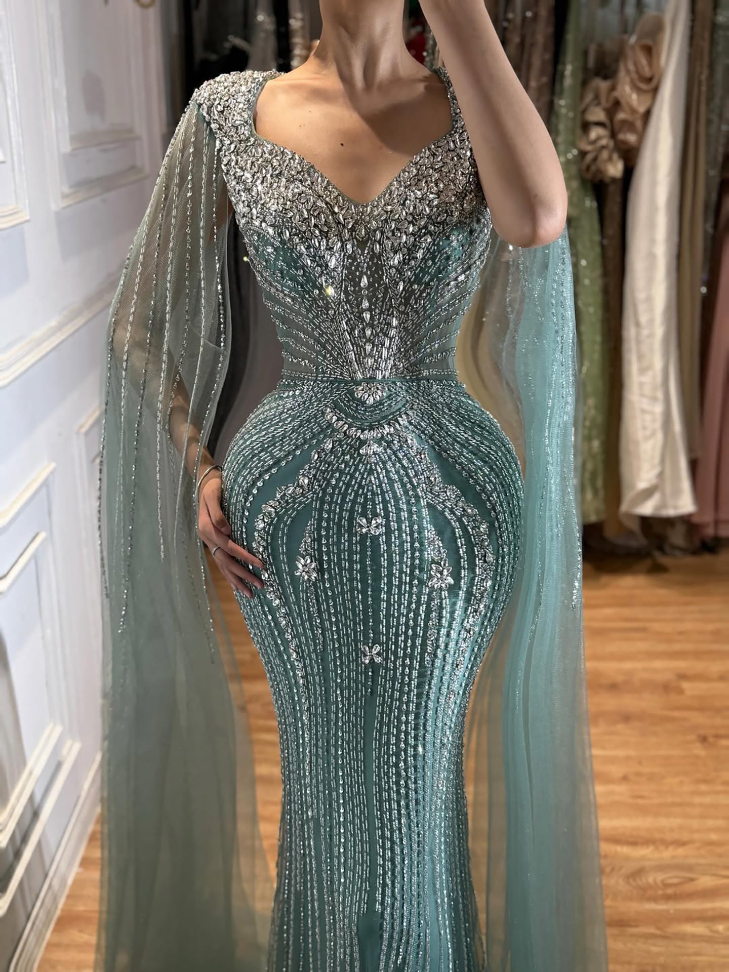 Luxury Nude Beaded Mermaid Evening Dress with Cape LA73741 SERENE HILL