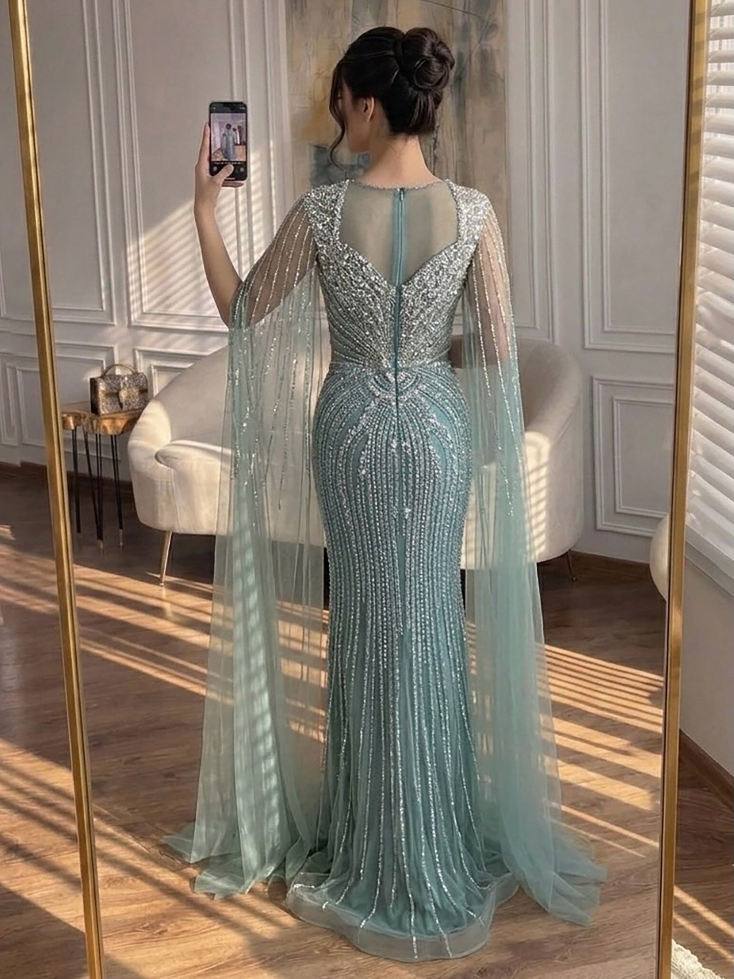 Luxury Nude Beaded Mermaid Evening Dress with Cape LA73741 SERENE HILL