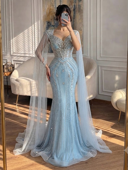 Luxury Nude Beaded Mermaid Evening Dress with Cape LA73741 SERENE HILL