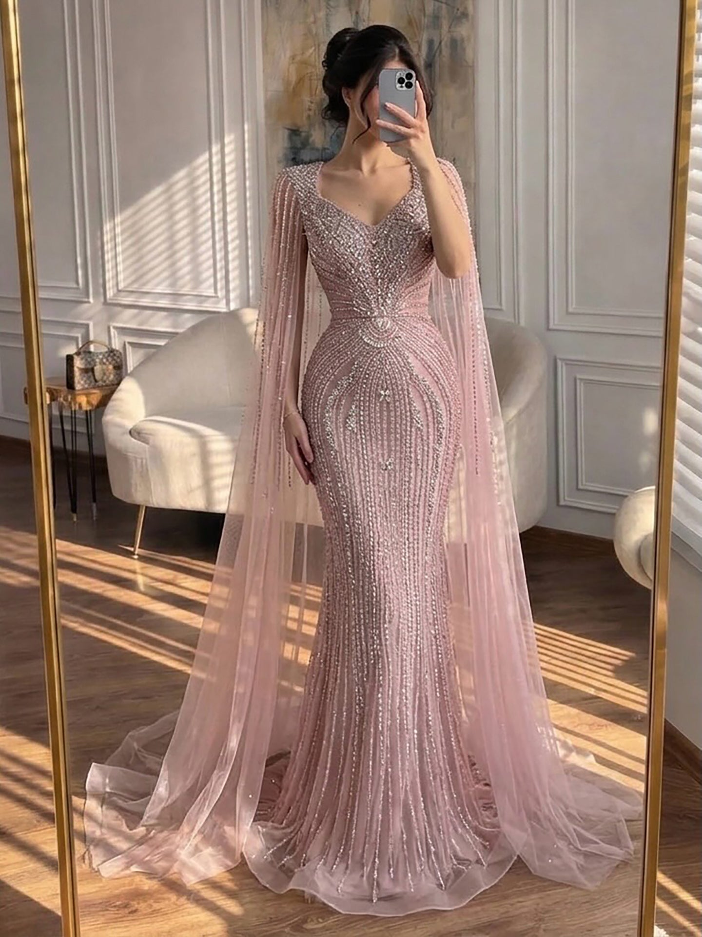 Luxury Nude Beaded Mermaid Evening Dress with Cape LA73741 SERENE HILL