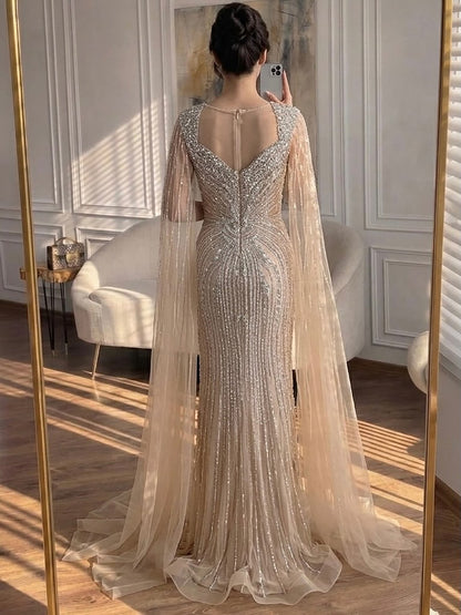 Luxury Nude Beaded Mermaid Evening Dress with Cape LA73741 SERENE HILL