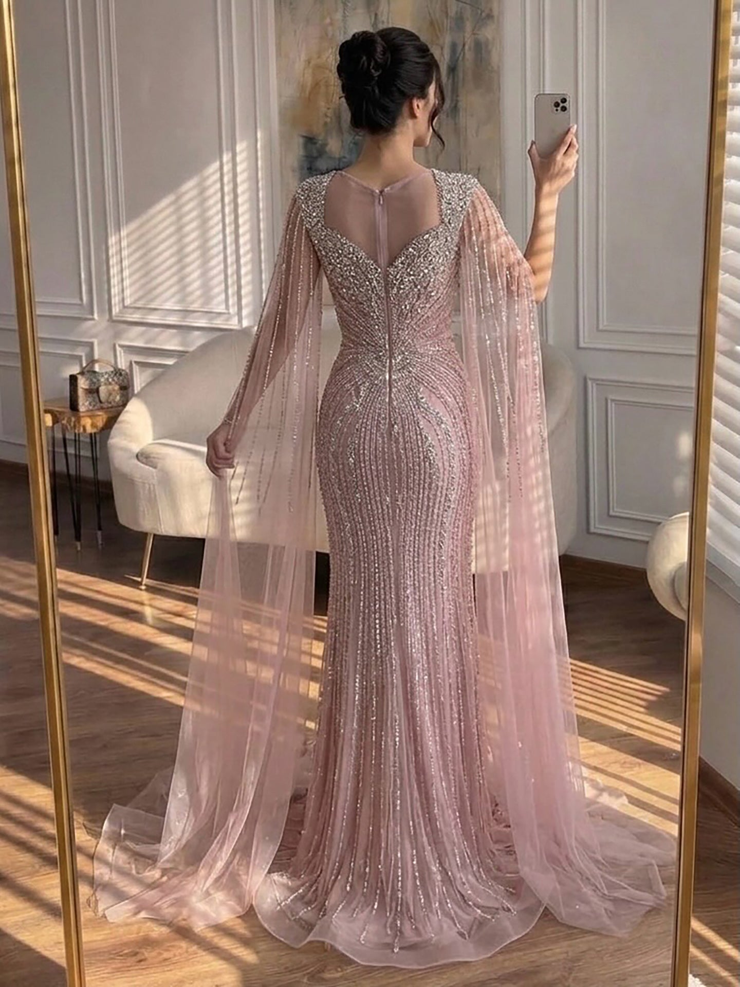 Luxury Nude Beaded Mermaid Evening Dress with Cape LA73741 SERENE HILL
