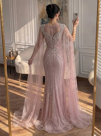 Luxury Nude Beaded Mermaid Evening Dress with Cape LA73741 SERENE HILL