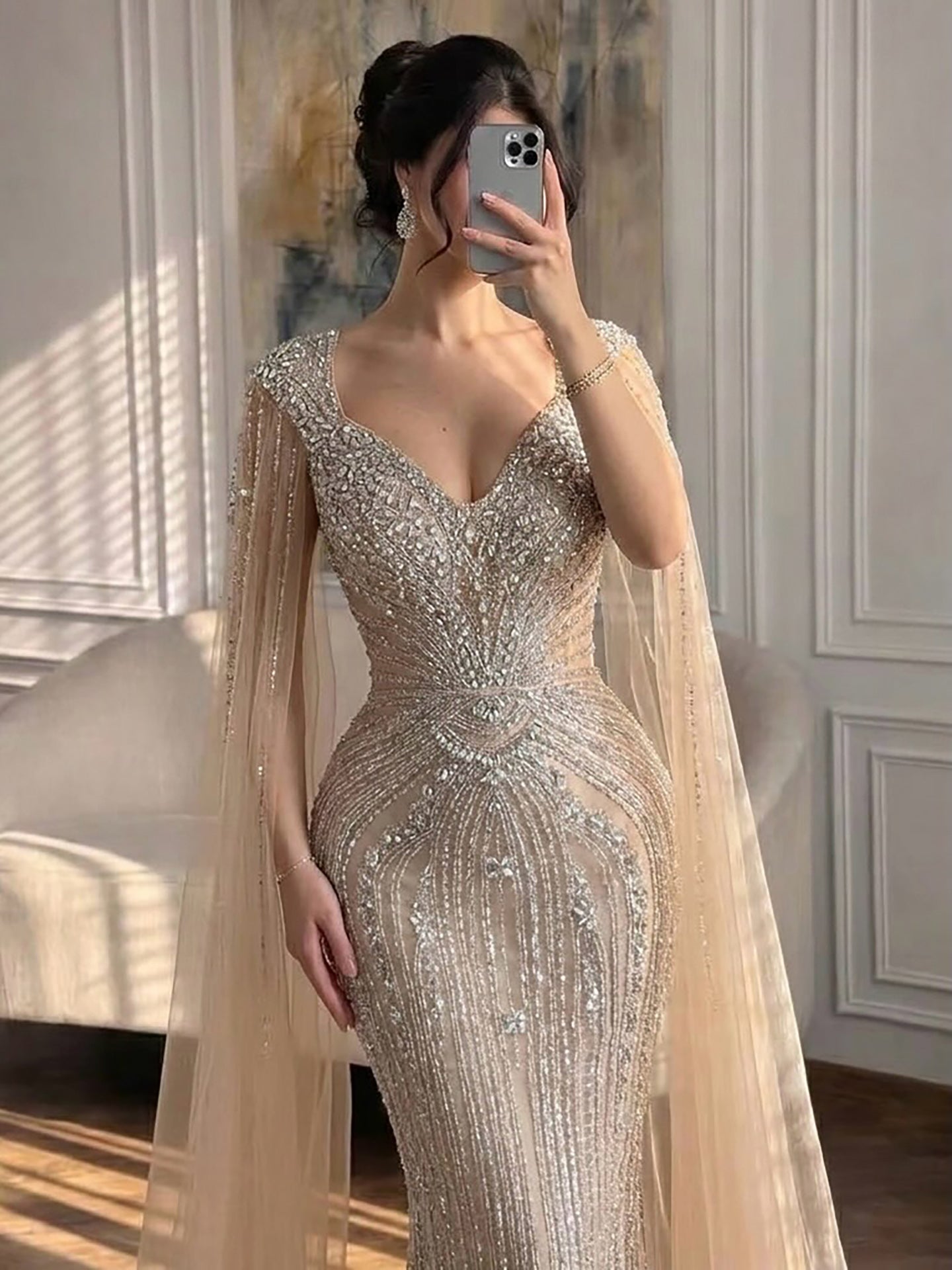 Luxury Nude Beaded Mermaid Evening Dress with Cape LA73741 SERENE HILL