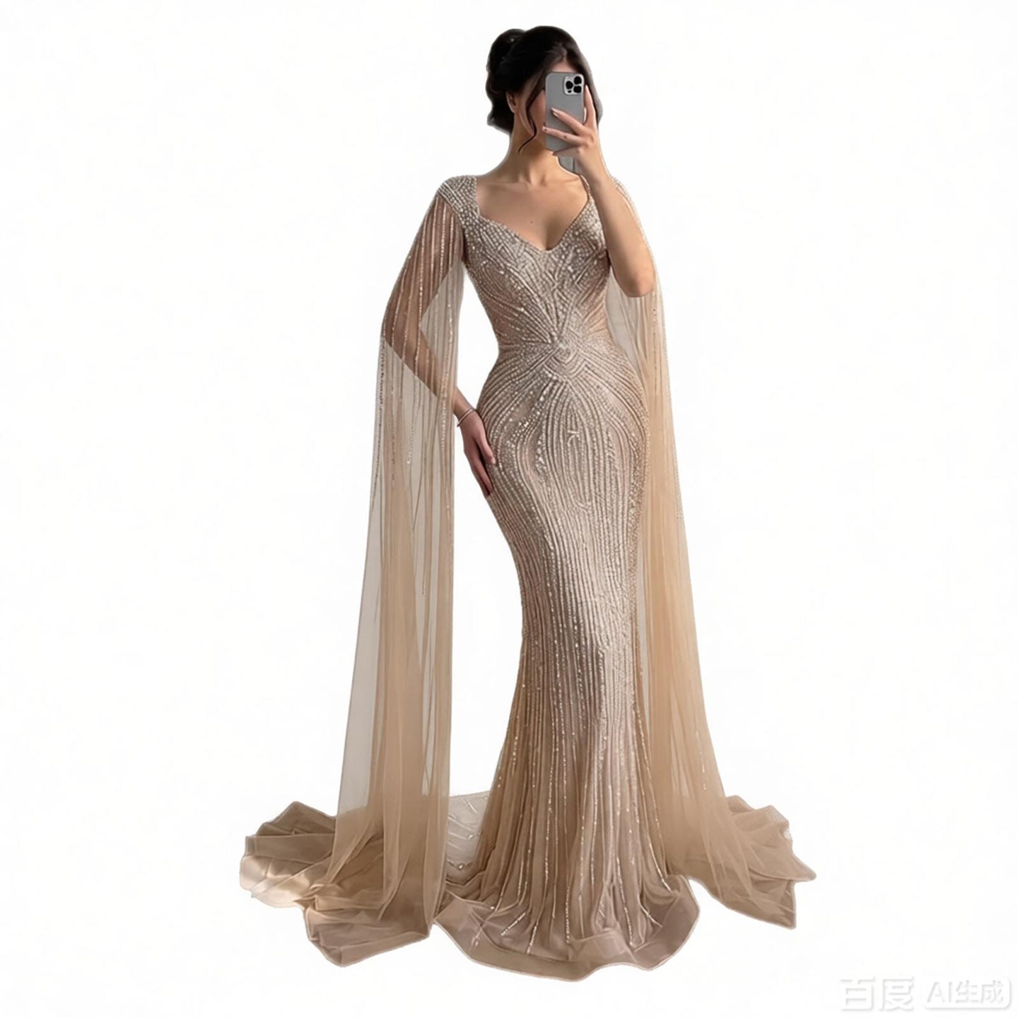 Luxury Nude Beaded Mermaid Evening Dress with Cape LA73741 SERENE HILL
