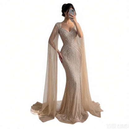 Luxury Nude Beaded Mermaid Evening Dress with Cape LA73741 SERENE HILL