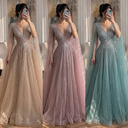 Luxury Nude Crystal Beaded A Line Dress with Cape Sleeves LA73742 SERENE HILL