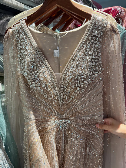 Luxury Nude Crystal Beaded A Line Dress with Cape Sleeves LA73742 SERENE HILL