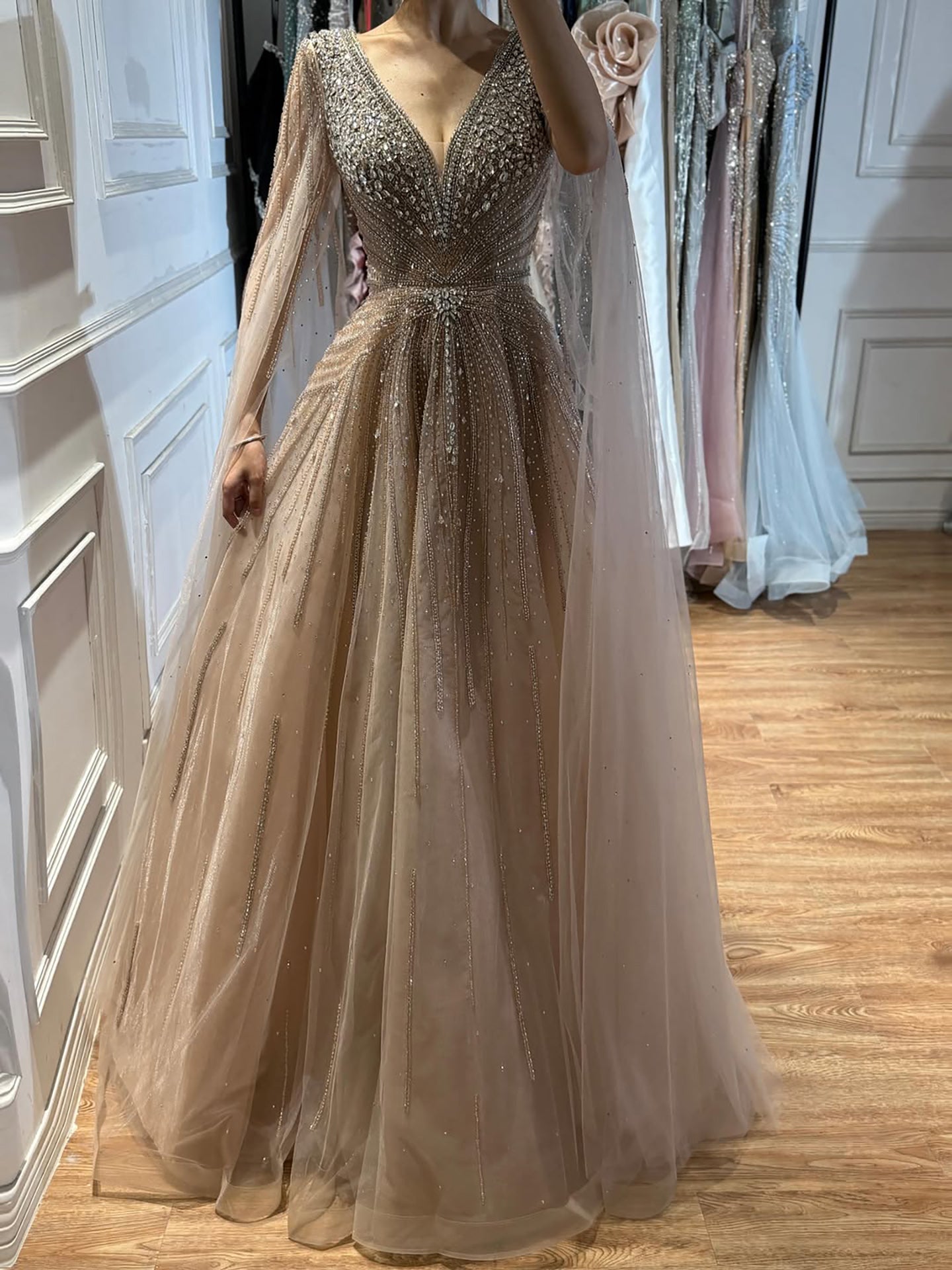 Luxury Nude Crystal Beaded A Line Dress with Cape Sleeves LA73742 SERENE HILL