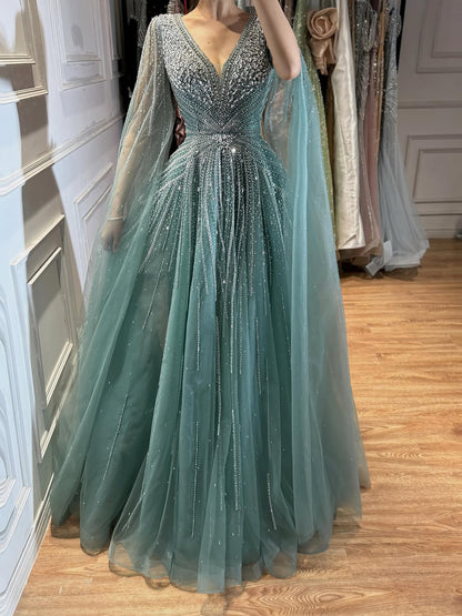 Luxury Nude Crystal Beaded A Line Dress with Cape Sleeves LA73742 SERENE HILL