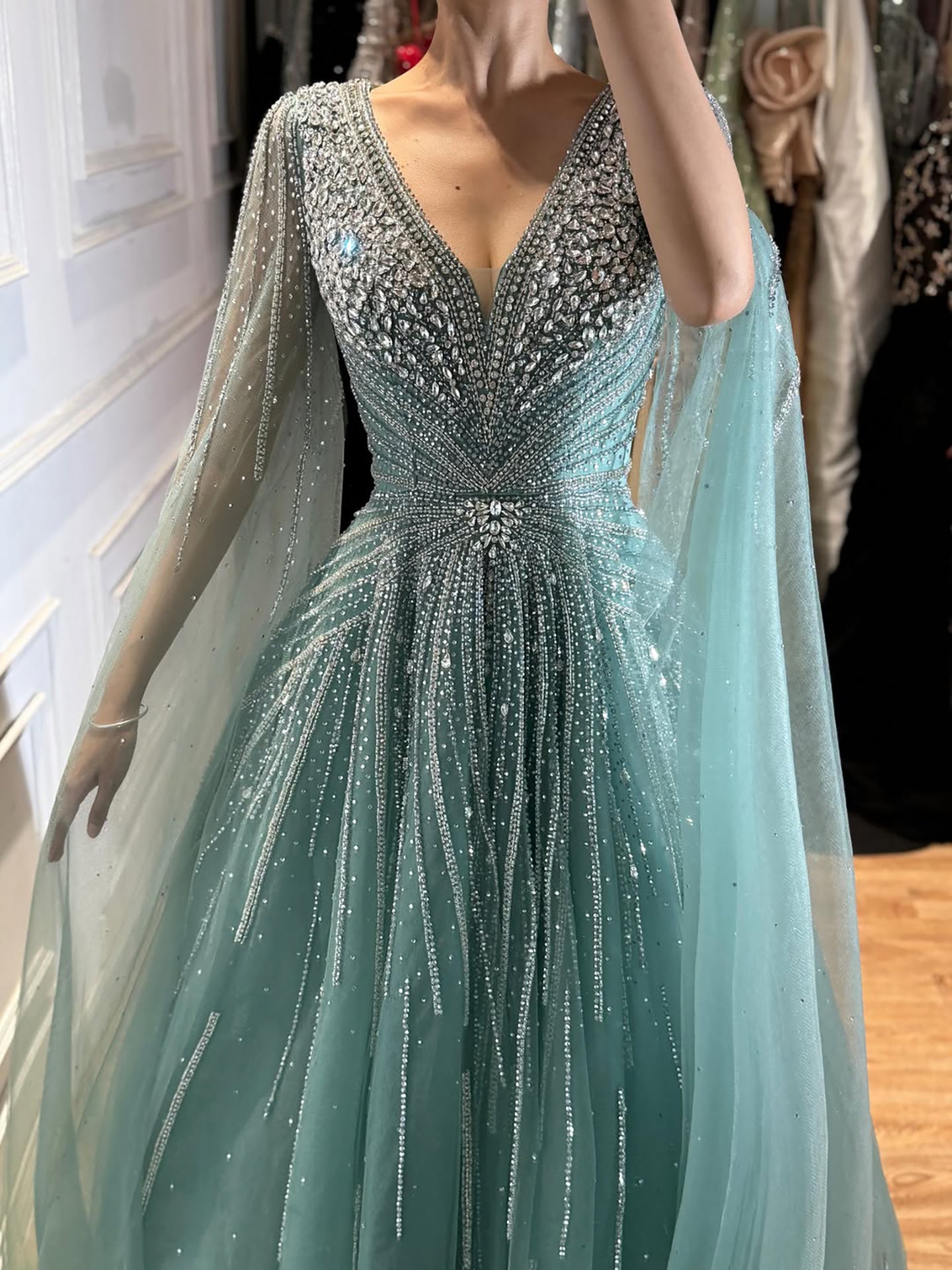 Luxury Nude Crystal Beaded A Line Dress with Cape Sleeves LA73742 SERENE HILL