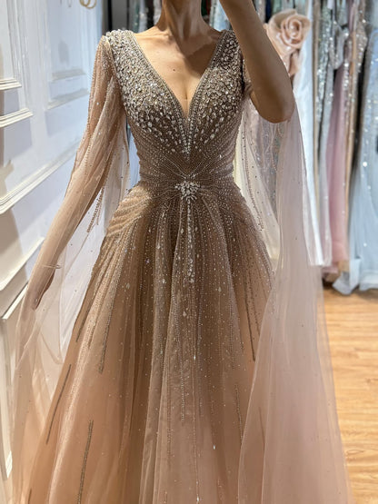 Luxury Nude Crystal Beaded A Line Dress with Cape Sleeves LA73742 SERENE HILL