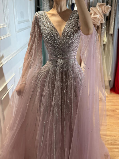 Luxury Nude Crystal Beaded A Line Dress with Cape Sleeves LA73742 SERENE HILL