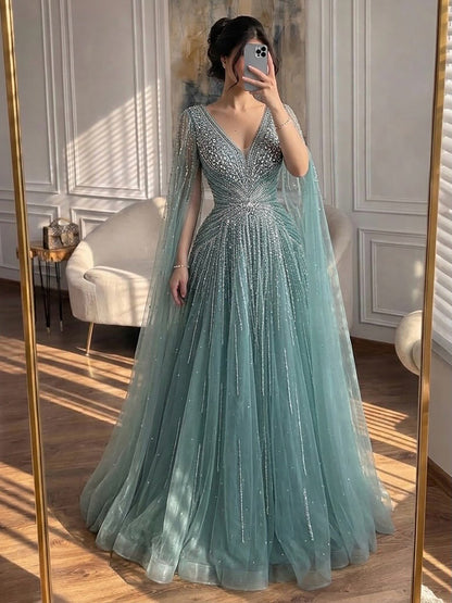 Luxury Nude Crystal Beaded A Line Dress with Cape Sleeves LA73742 SERENE HILL