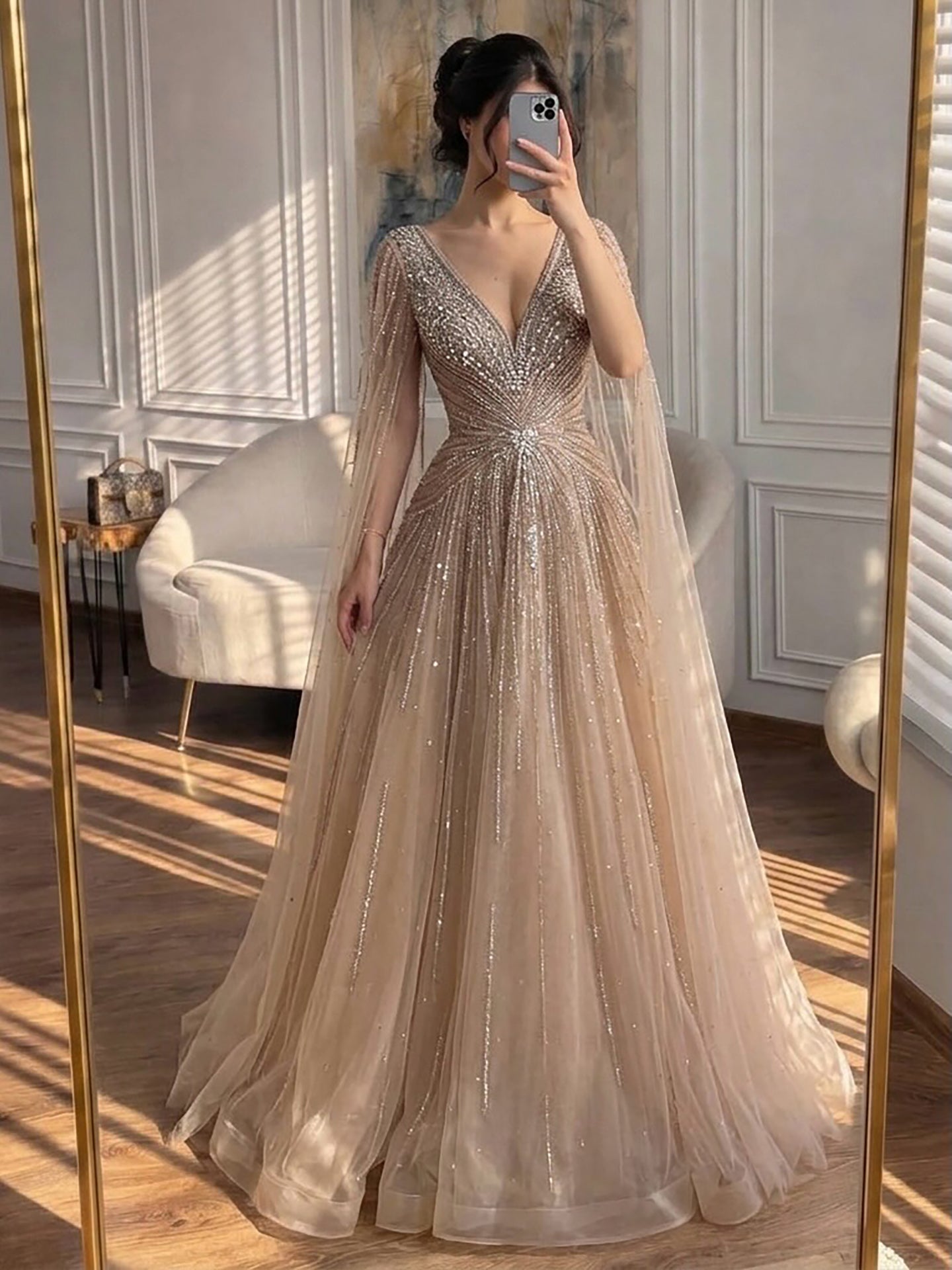 Luxury Nude Crystal Beaded A Line Dress with Cape Sleeves LA73742 turquoise / 12