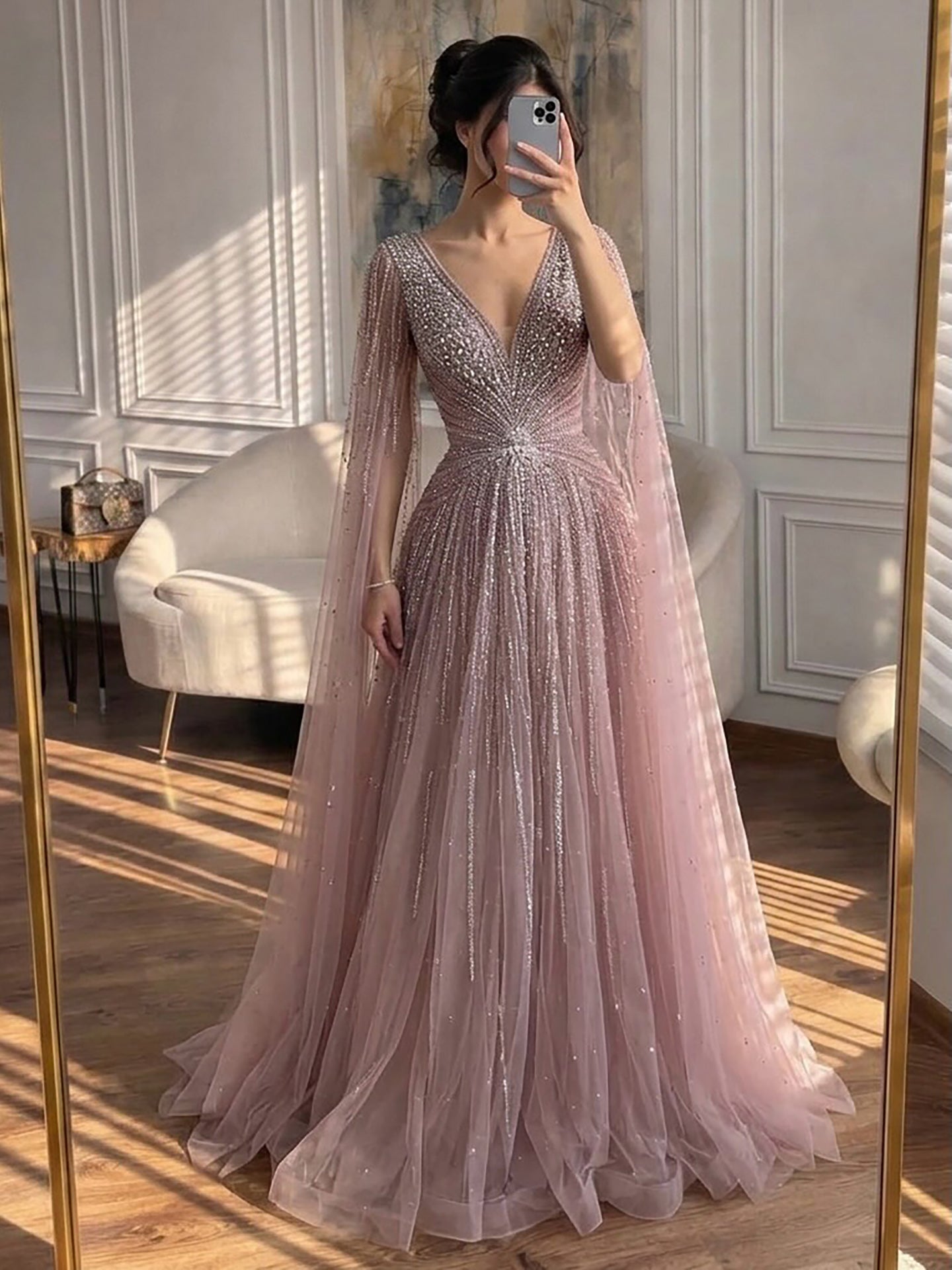Luxury Nude Crystal Beaded A Line Dress with Cape Sleeves LA73742 Pink / 4