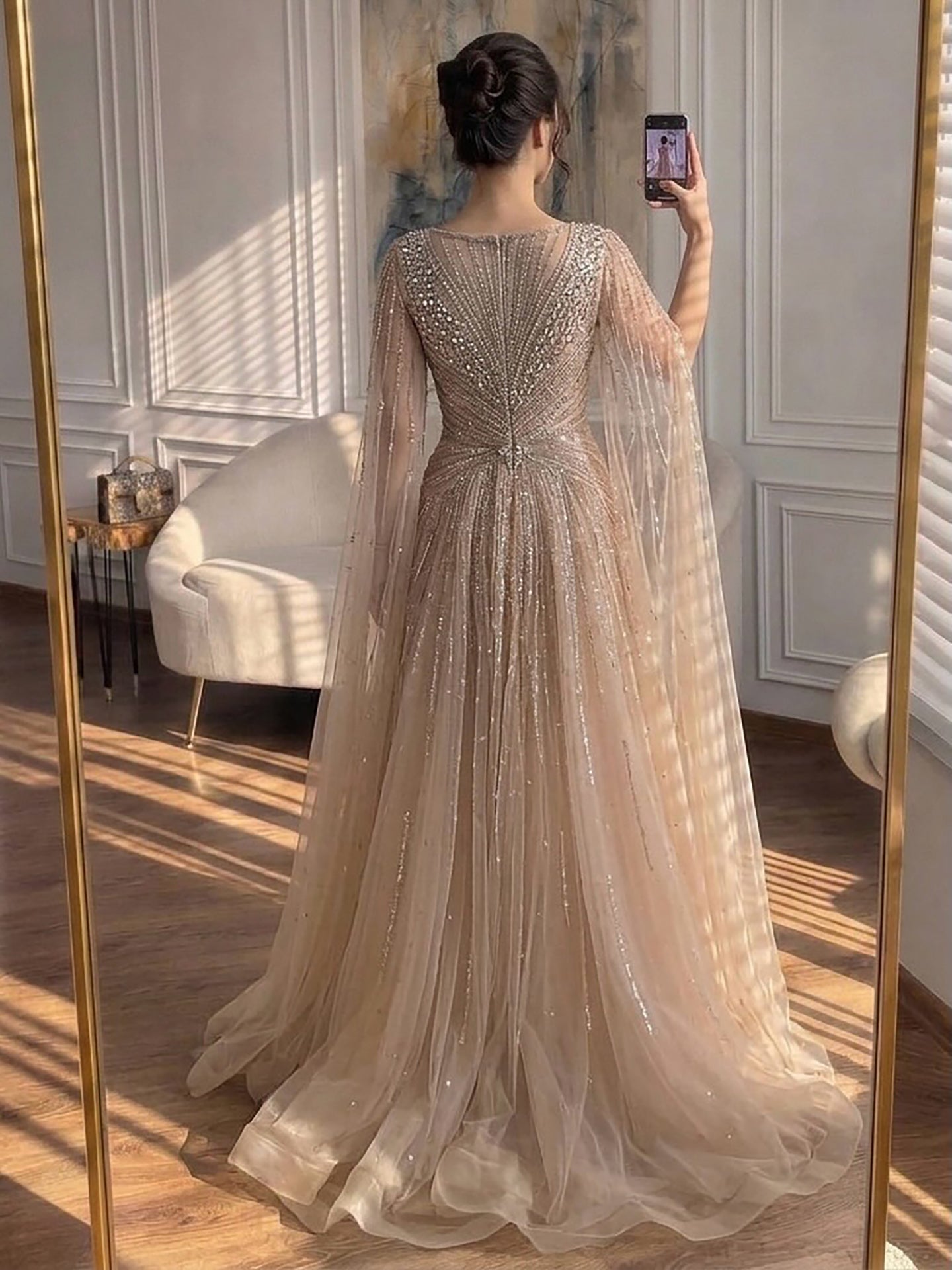 Luxury Nude Crystal Beaded A Line Dress with Cape Sleeves LA73742 SERENE HILL