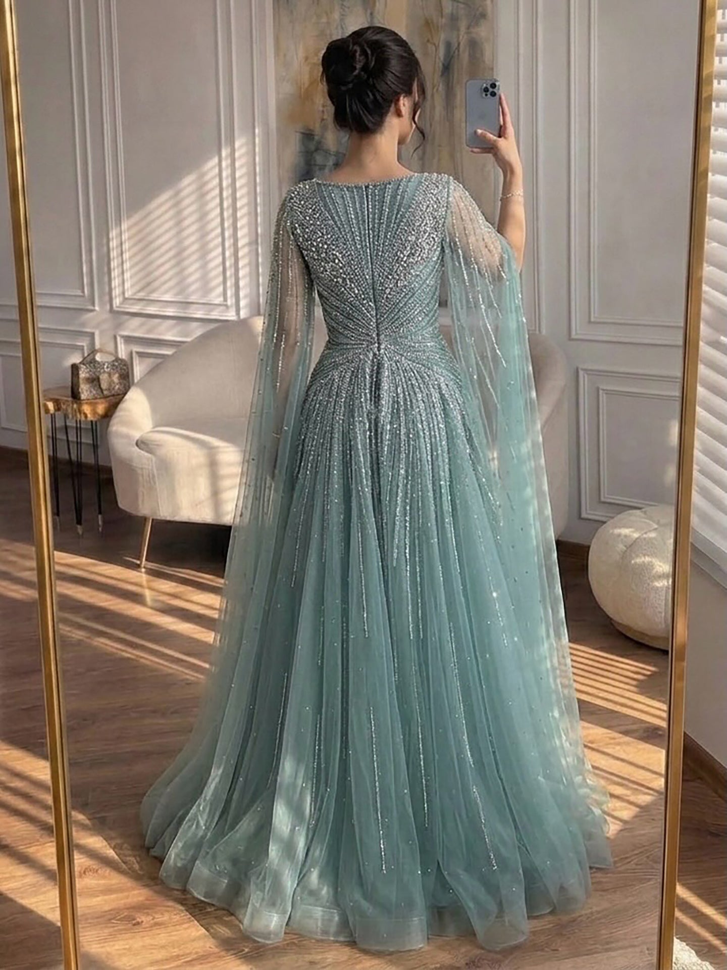 Luxury Nude Crystal Beaded A Line Dress with Cape Sleeves LA73742 SERENE HILL
