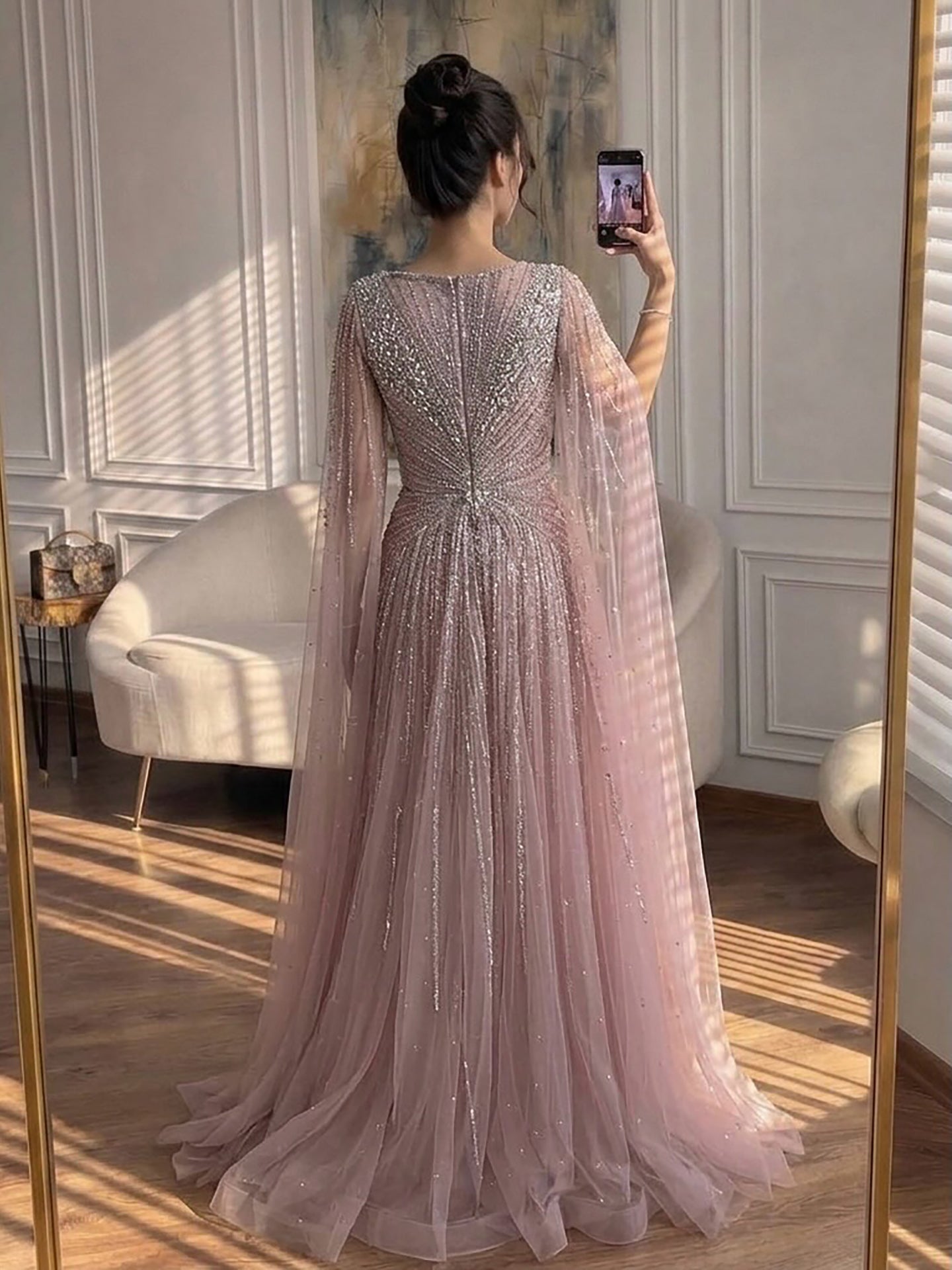 Luxury Nude Crystal Beaded A Line Dress with Cape Sleeves LA73742 SERENE HILL