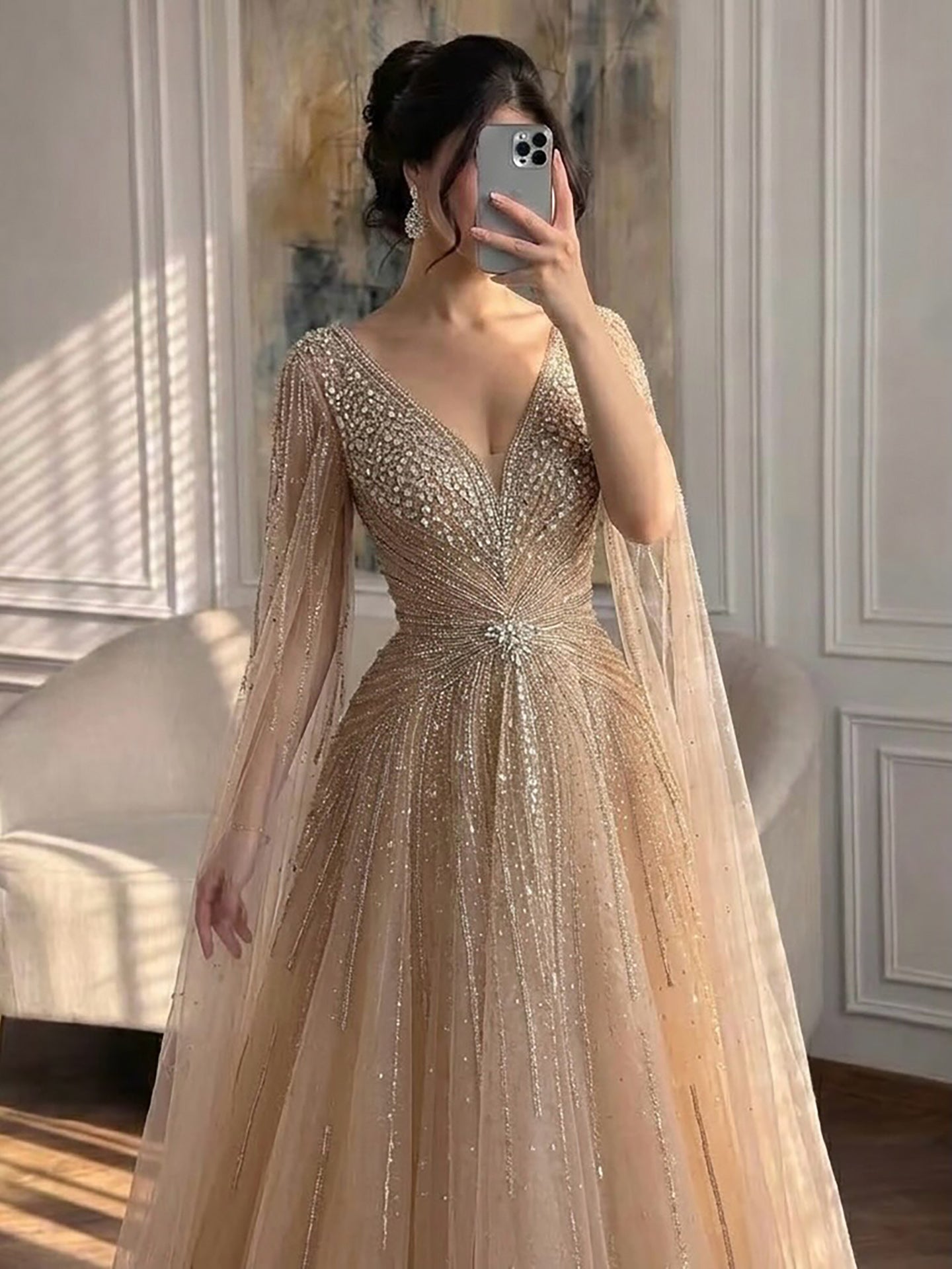Luxury Nude Crystal Beaded A Line Dress with Cape Sleeves LA73742 SERENE HILL