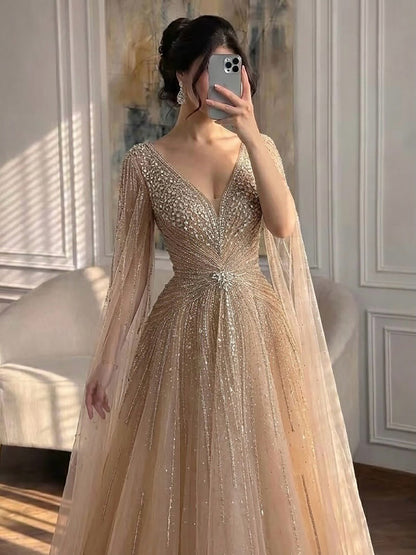 Luxury Nude Crystal Beaded A Line Dress with Cape Sleeves LA73742 SERENE HILL