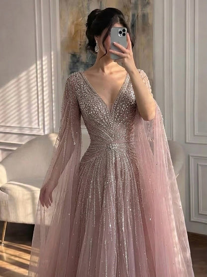 Luxury Nude Crystal Beaded A Line Dress with Cape Sleeves LA73742 SERENE HILL