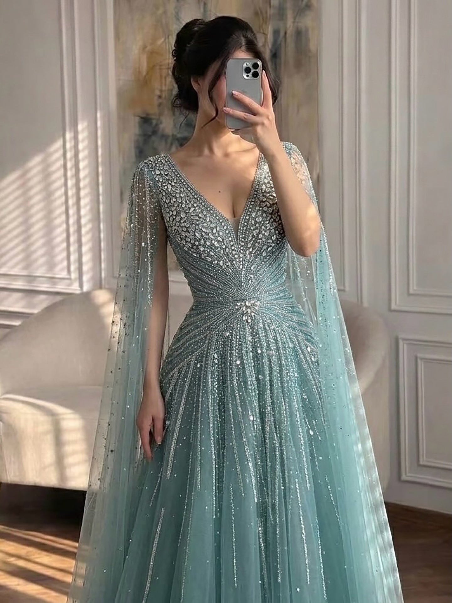 Luxury Nude Crystal Beaded A Line Dress with Cape Sleeves LA73742 SERENE HILL