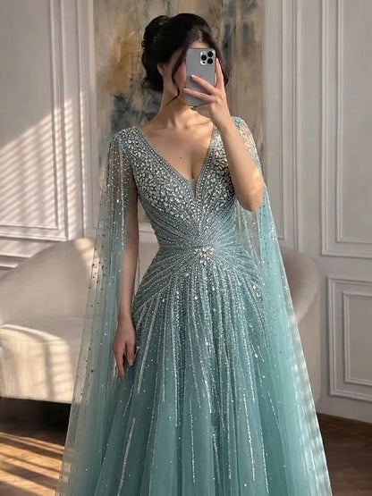 Luxury Nude Crystal Beaded A Line Dress with Cape Sleeves LA73742 SERENE HILL