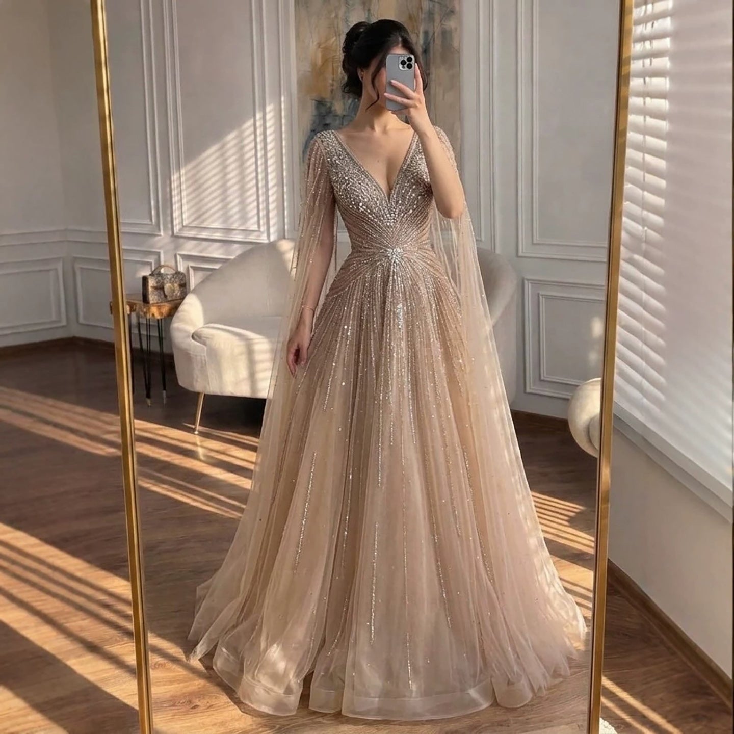 Luxury Nude Crystal Beaded A Line Dress with Cape Sleeves LA73742 SERENE HILL