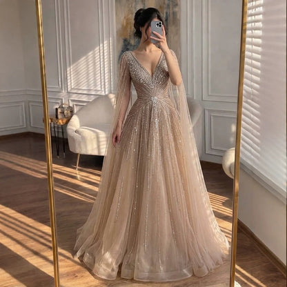 Luxury Nude Crystal Beaded A Line Dress with Cape Sleeves LA73742 SERENE HILL