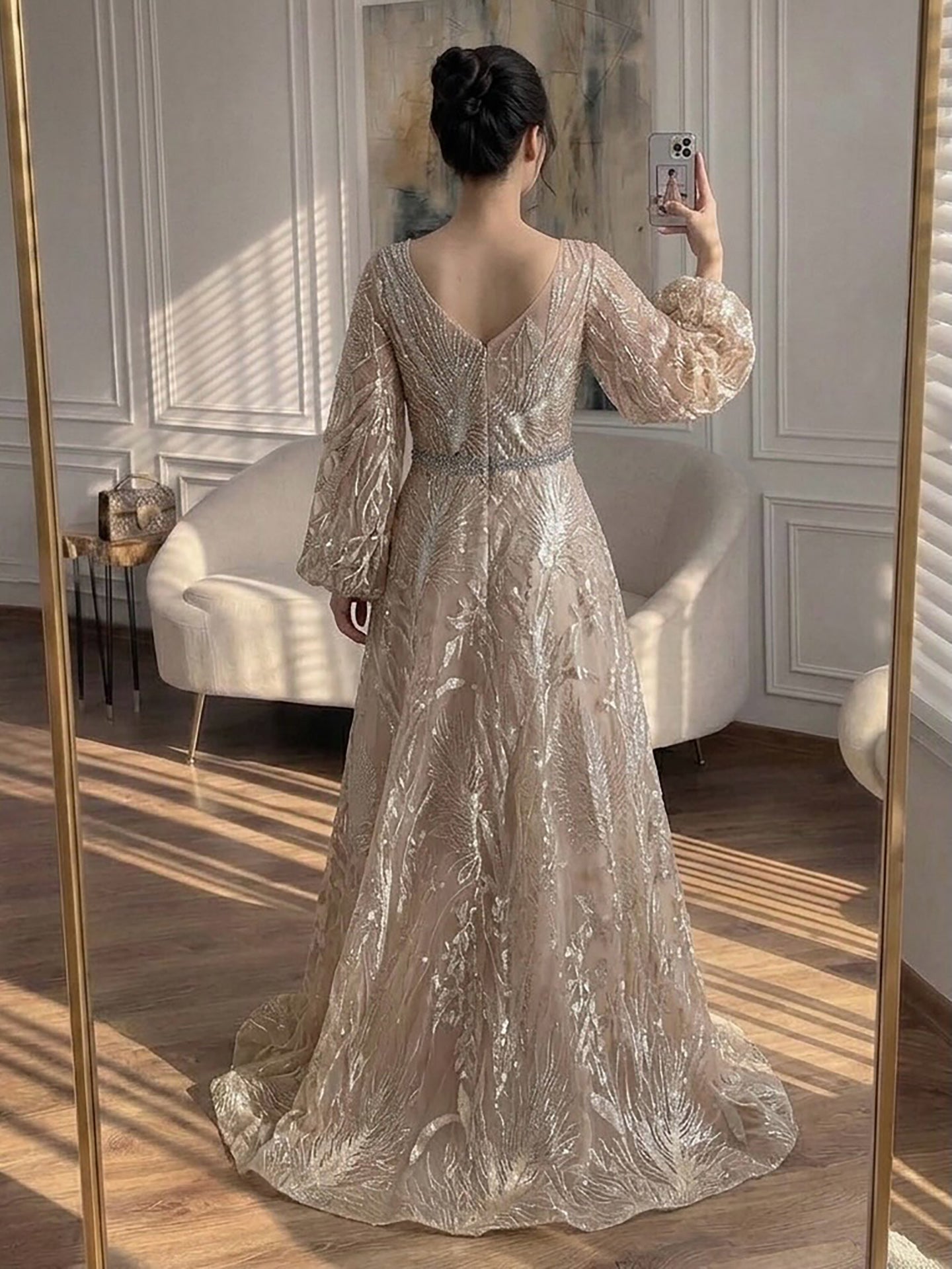 Luxury Nude Illusion Neck Beaded A-Line Gown with Puff Sleeves LA73745 SERENE HILL