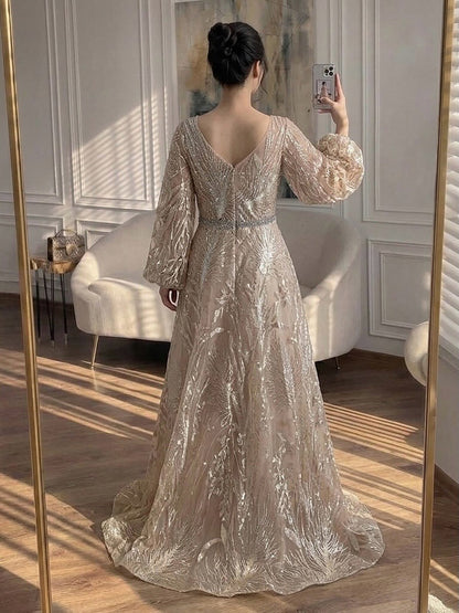 Luxury Nude Illusion Neck Beaded A-Line Gown with Puff Sleeves LA73745 SERENE HILL