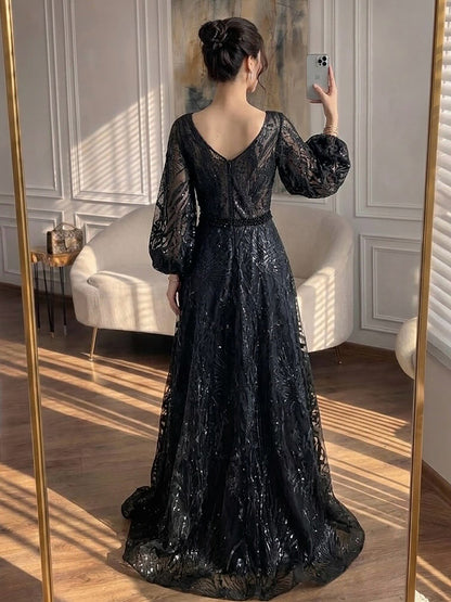 Luxury Nude Illusion Neck Beaded A-Line Gown with Puff Sleeves LA73745 SERENE HILL