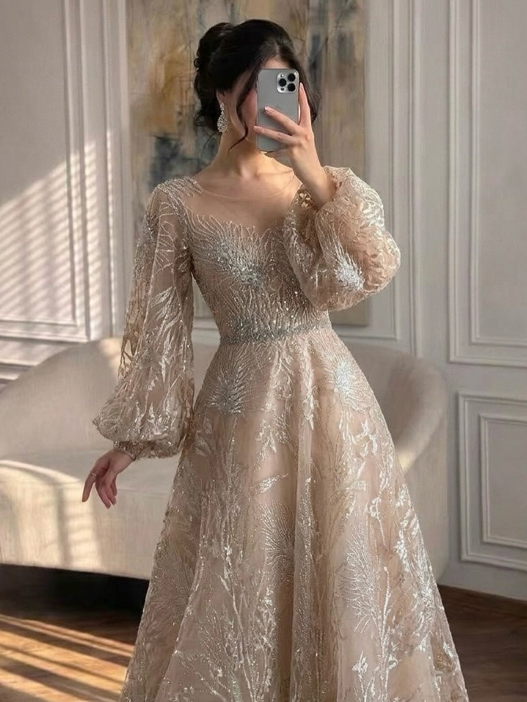 Luxury Nude Illusion Neck Beaded A-Line Gown with Puff Sleeves LA73745 SERENE HILL