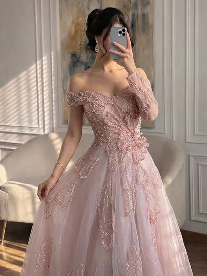 Luxury Pink Beaded One Shoulder A Line Evening Dress LA73746 SERENE HILL