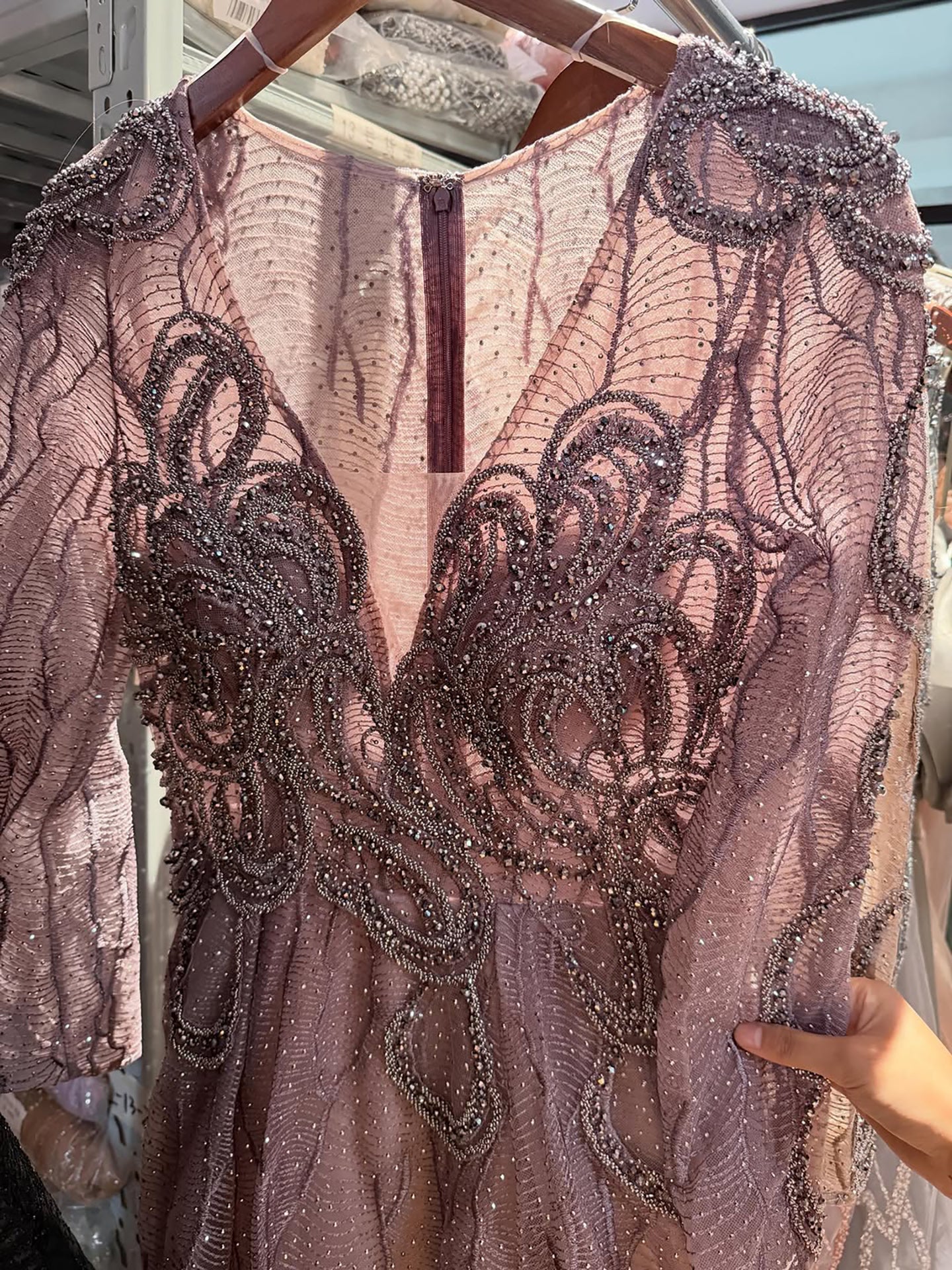 Luxury Nude Beaded V Neck Long Sleeve A Line Evening Dress LA73747 SERENE HILL