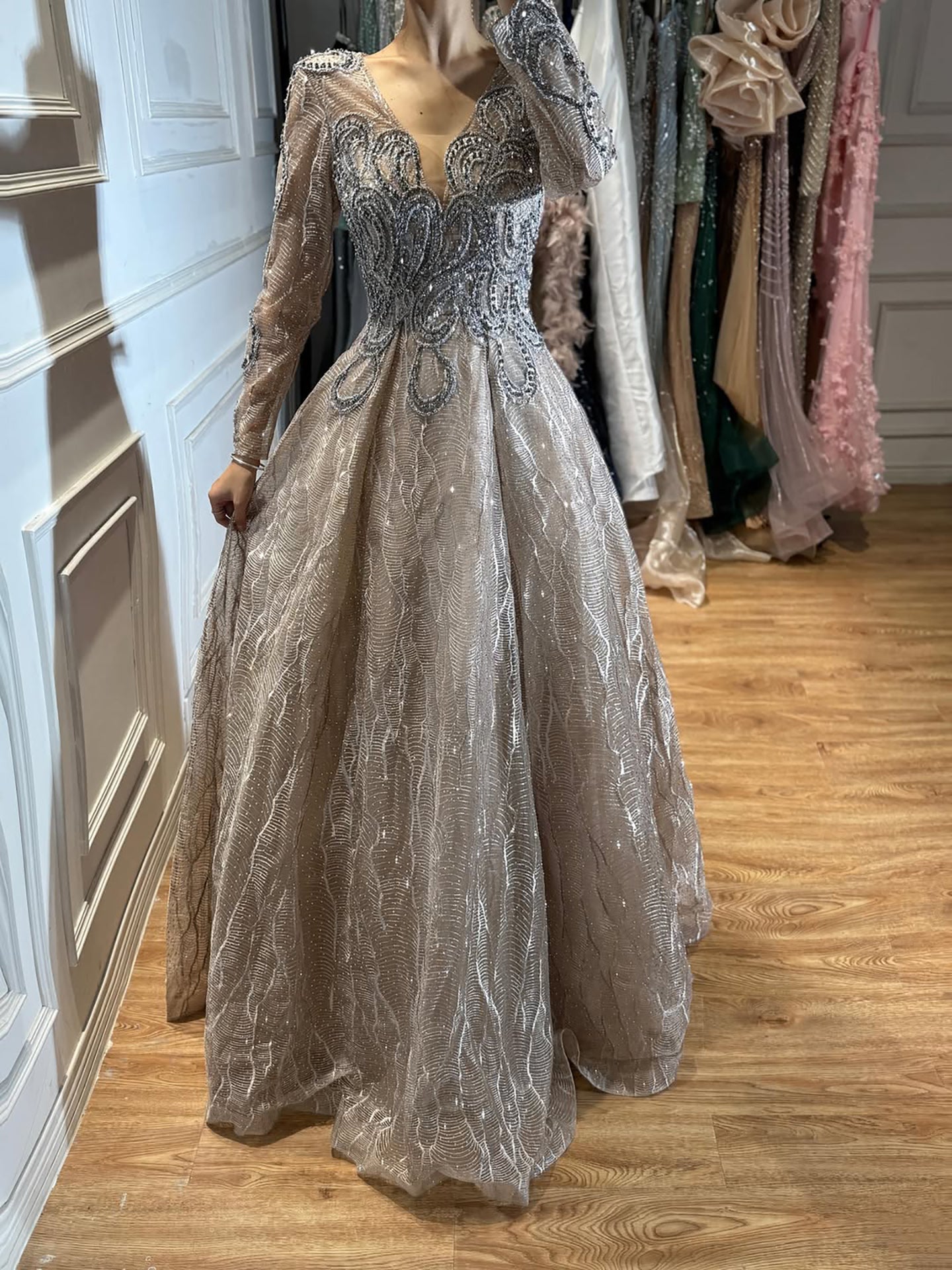 Luxury Nude Beaded V Neck Long Sleeve A Line Evening Dress LA73747 SERENE HILL
