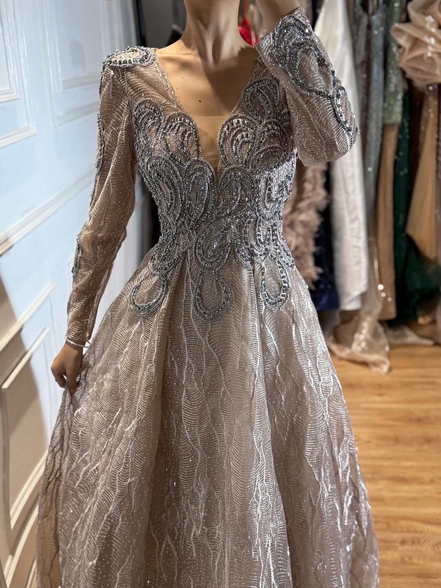 Luxury Nude Beaded V Neck Long Sleeve A Line Evening Dress LA73747 SERENE HILL