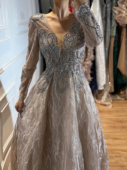 Luxury Nude Beaded V Neck Long Sleeve A Line Evening Dress LA73747 SERENE HILL