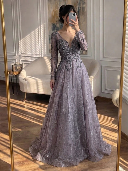 Luxury Nude Beaded V Neck Long Sleeve A Line Evening Dress LA73747 SERENE HILL