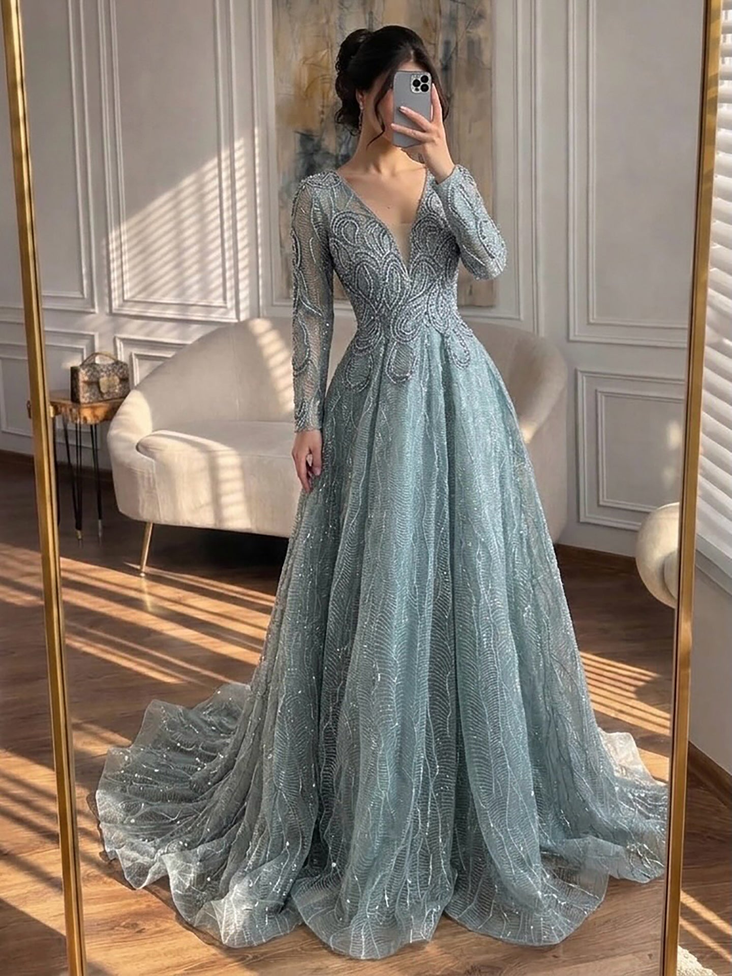 Luxury Nude Beaded V Neck Long Sleeve A Line Evening Dress LA73747 SERENE HILL