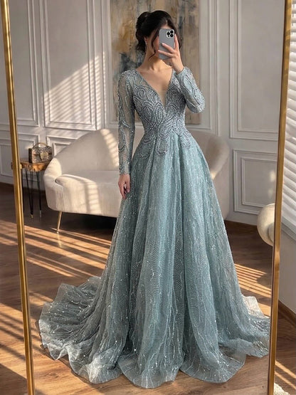 Luxury Nude Beaded V Neck Long Sleeve A Line Evening Dress LA73747 SERENE HILL