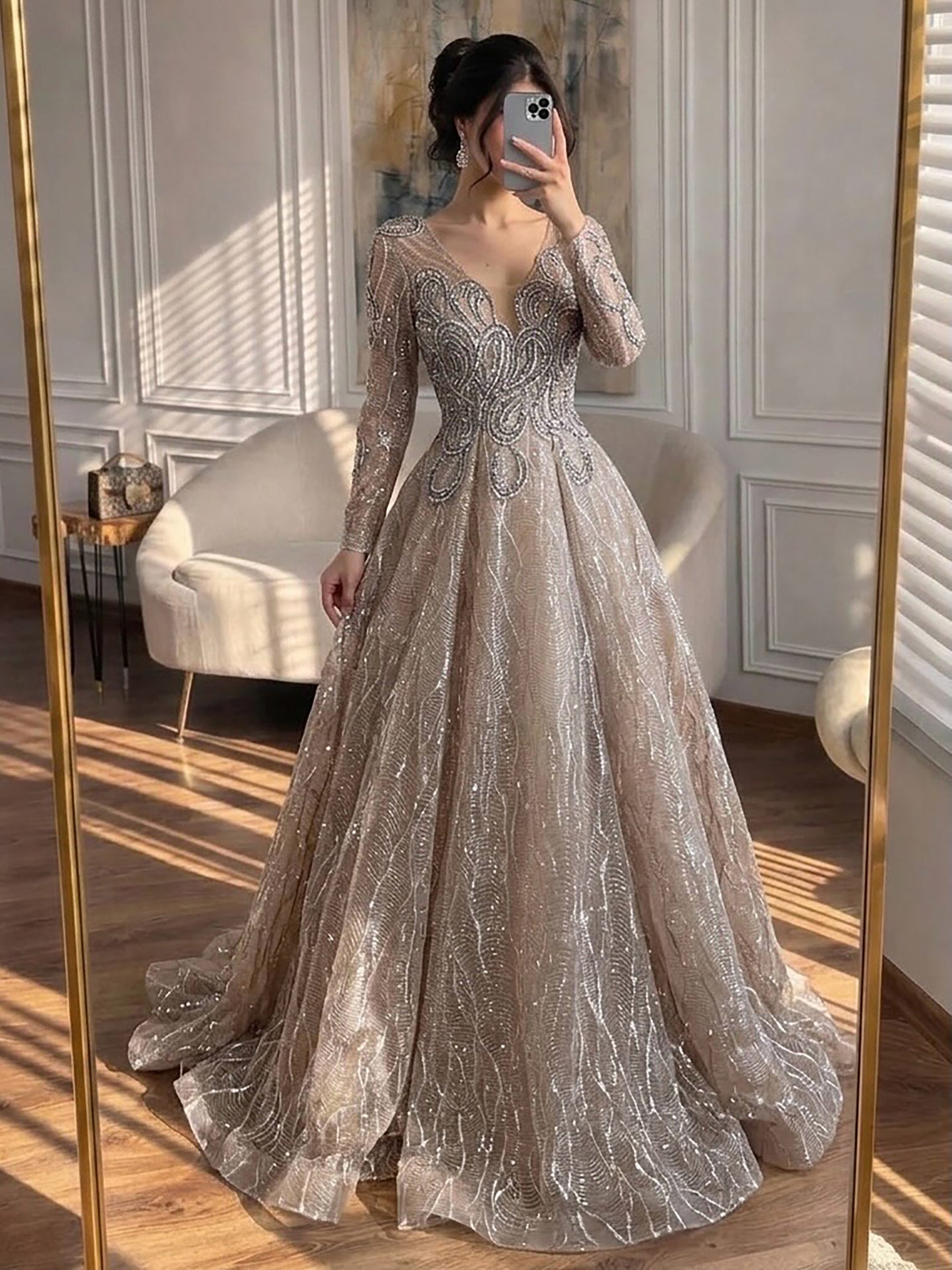 Luxury Nude Beaded V Neck Long Sleeve A Line Evening Dress LA73747 Pink / 14